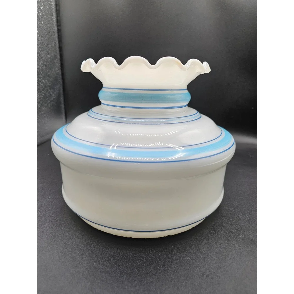 Vintage Milk Glass Hurricane Lamp Shade Blue Rose Floral Ruffled Edge 7in Fitter